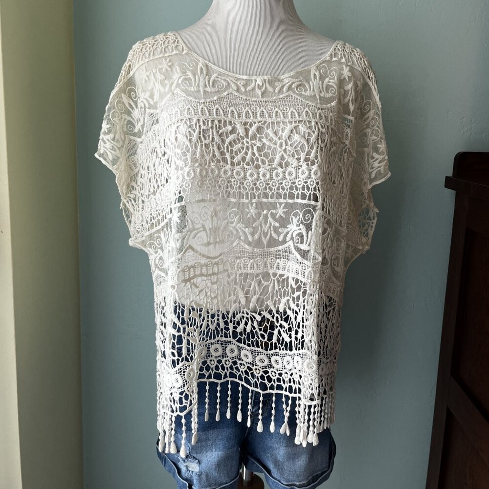 CROCHETED Xhilaration SWIM TOP w/ FRINGE in CREAM size L/XL NEW!